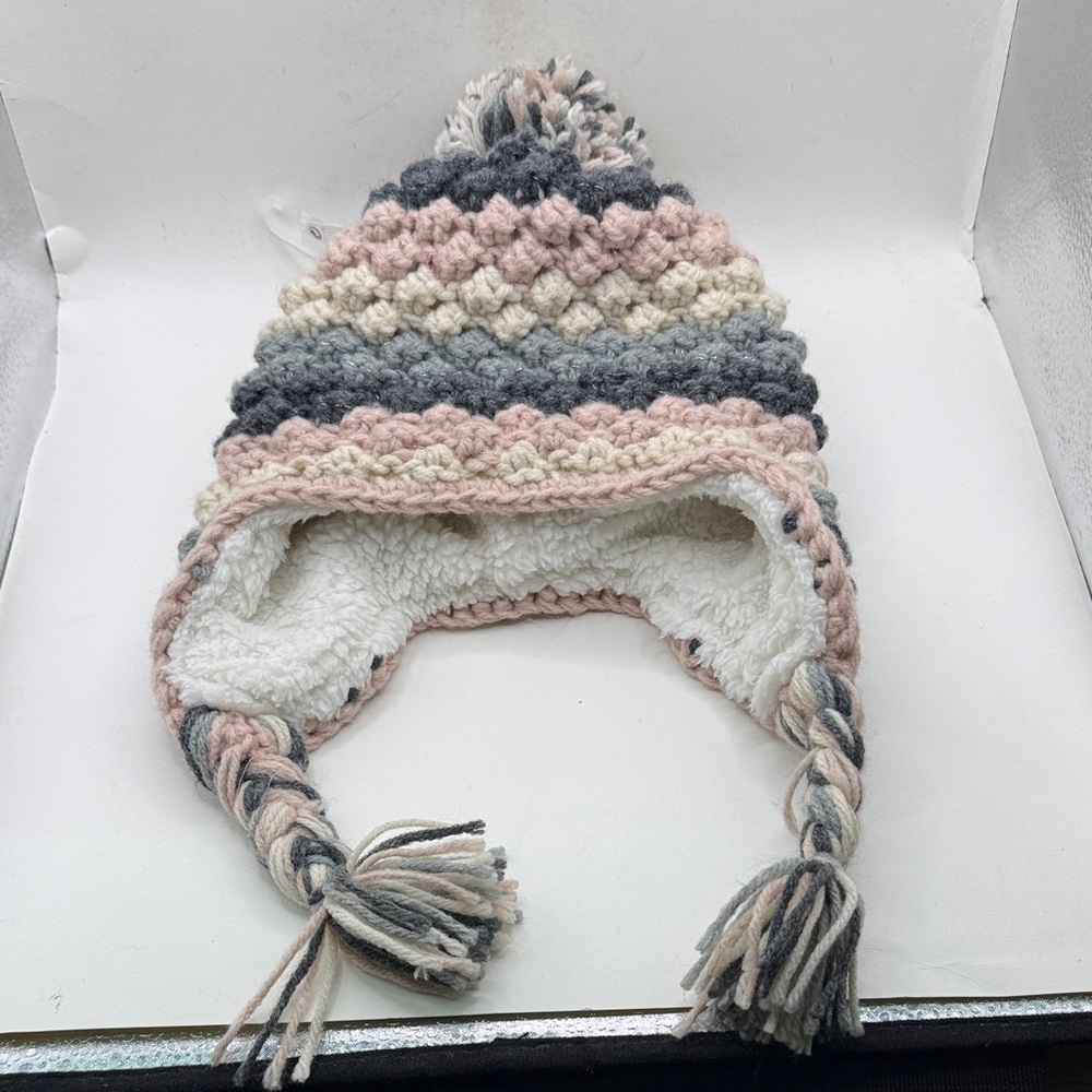 NWT Next Knit Crochet Beanie Hat Kids Girls Toddler Age 7 - 10 Tan Pink Pom Pom